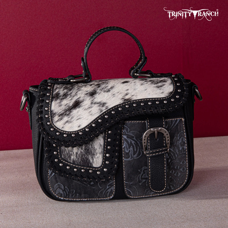 Load image into Gallery viewer, TR149-8360BK - Trinity Ranch Hair-On Cowhide Saddle Shape Collection Crossbody/Satchel - Black
