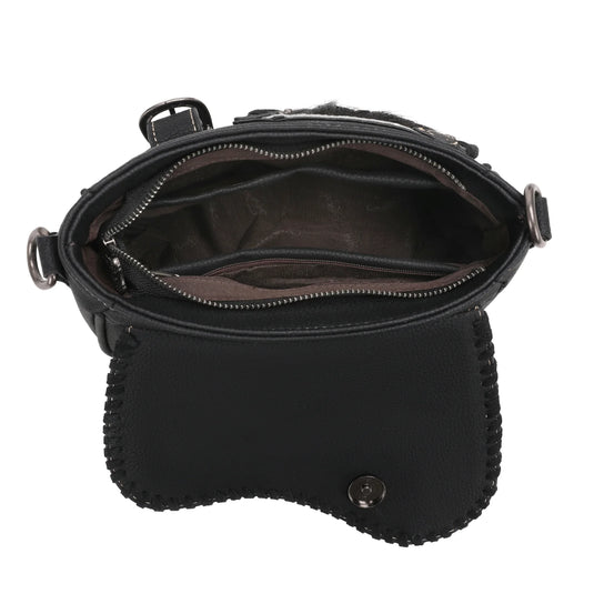 TR149-8360BK - Trinity Ranch Hair-On Cowhide Saddle Shape Collection Crossbody/Satchel - Black