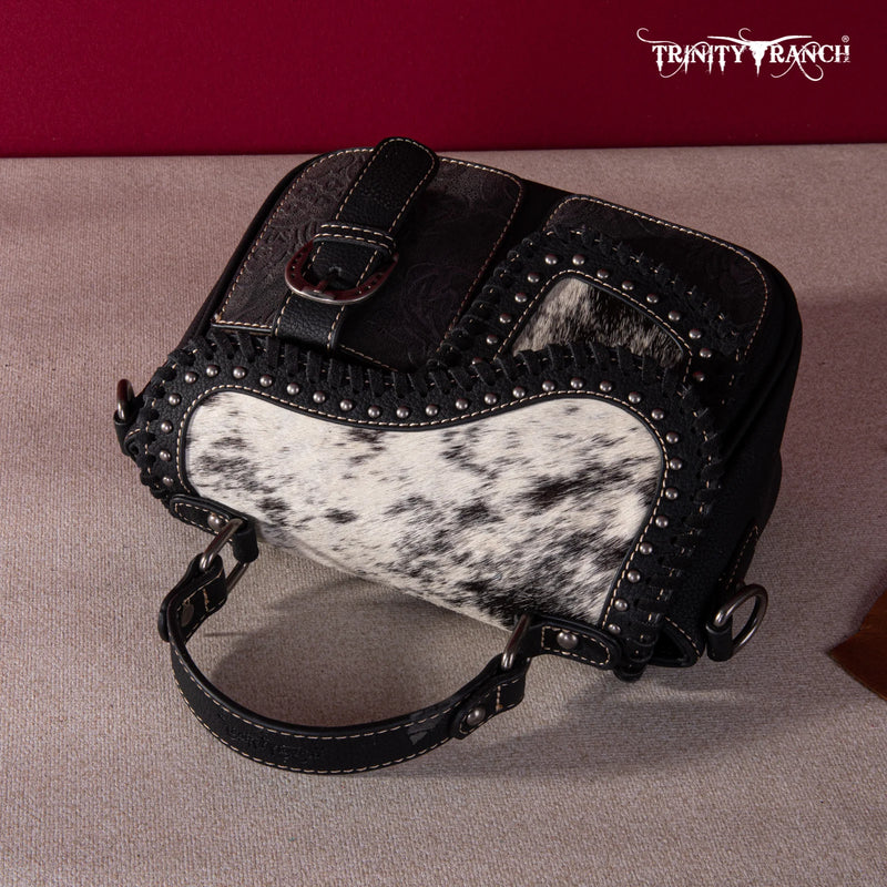 Load image into Gallery viewer, TR149-8360BK - Trinity Ranch Hair-On Cowhide Saddle Shape Collection Crossbody/Satchel - Black
