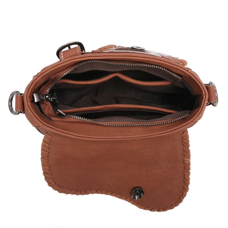 Load image into Gallery viewer, TR149-8360BR - Trinity Ranch Hair-On Cowhide Saddle Shape Collection Crossbody/Satchel -Brown
