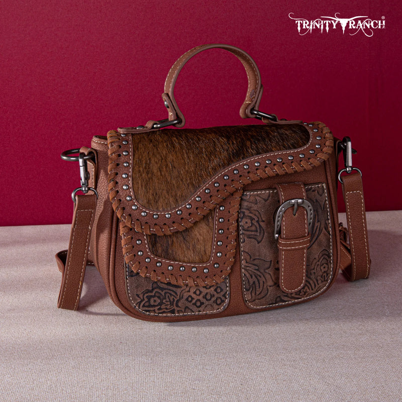 Load image into Gallery viewer, TR149-8360BR - Trinity Ranch Hair-On Cowhide Saddle Shape Collection Crossbody/Satchel -Brown
