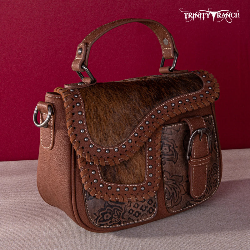 Load image into Gallery viewer, TR149-8360BR - Trinity Ranch Hair-On Cowhide Saddle Shape Collection Crossbody/Satchel -Brown
