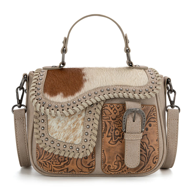 Load image into Gallery viewer, TR149-8360TN - Trinity Ranch Hair-On Cowhide Saddle Shape Collection Crossbody/Satchel - Tan
