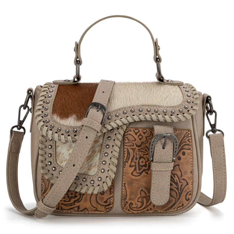 Load image into Gallery viewer, TR149-8360TN - Trinity Ranch Hair-On Cowhide Saddle Shape Collection Crossbody/Satchel - Tan
