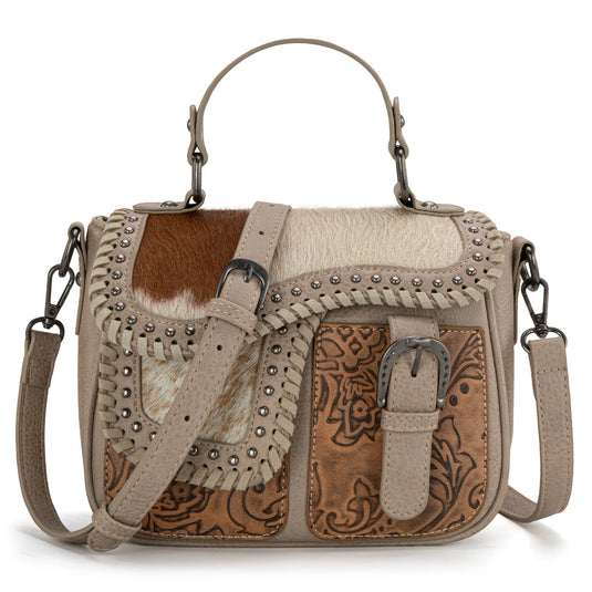 TR149-8360TN - Trinity Ranch Hair-On Cowhide Saddle Shape Collection Crossbody/Satchel - Tan