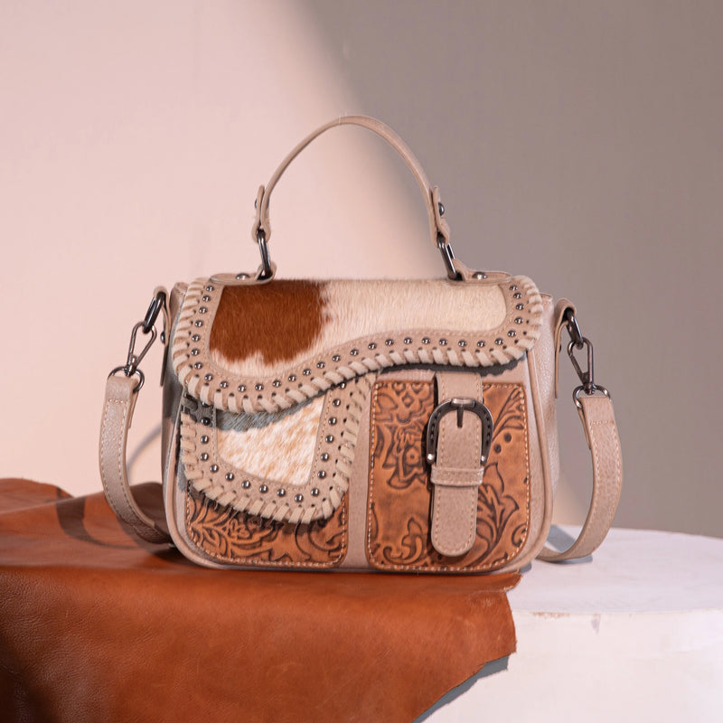 Load image into Gallery viewer, TR149-8360TN - Trinity Ranch Hair-On Cowhide Saddle Shape Collection Crossbody/Satchel - Tan
