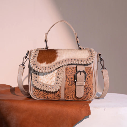 TR149-8360TN - Trinity Ranch Hair-On Cowhide Saddle Shape Collection Crossbody/Satchel - Tan