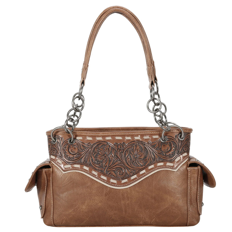 Load image into Gallery viewer, TR150G-8085BR - Trinity Ranch Tooled Collection Concealed Carry Satchel
