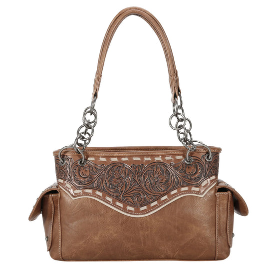 TR150G-8085BR - Trinity Ranch Tooled Collection Concealed Carry Satchel