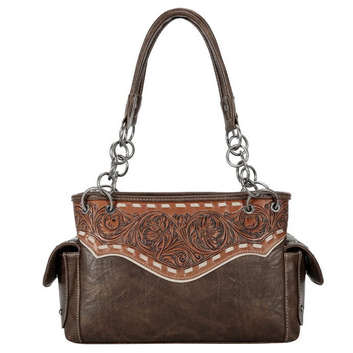 TR150G-8085CF - Trinity Ranch Tooled Collection Concealed Carry Satchel - Coffee