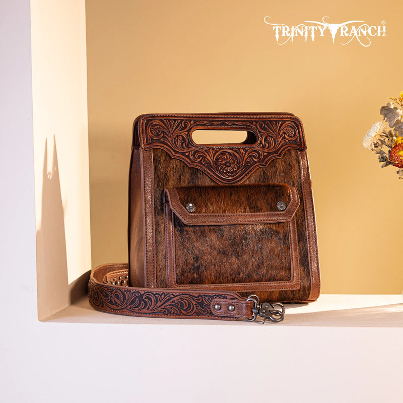 Load image into Gallery viewer, TR173G-A9360BR - Trinity Ranch Hair-On Cowhide Floral Tooled Concealed Carry Crossbody Bag - Brown
