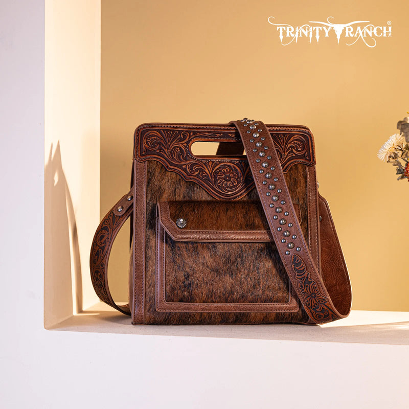 Load image into Gallery viewer, TR173G-A9360BR - Trinity Ranch Hair-On Cowhide Floral Tooled Concealed Carry Crossbody Bag - Brown
