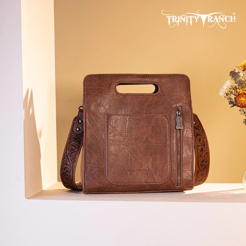 Load image into Gallery viewer, TR173G-A9360BR - Trinity Ranch Hair-On Cowhide Floral Tooled Concealed Carry Crossbody Bag - Brown
