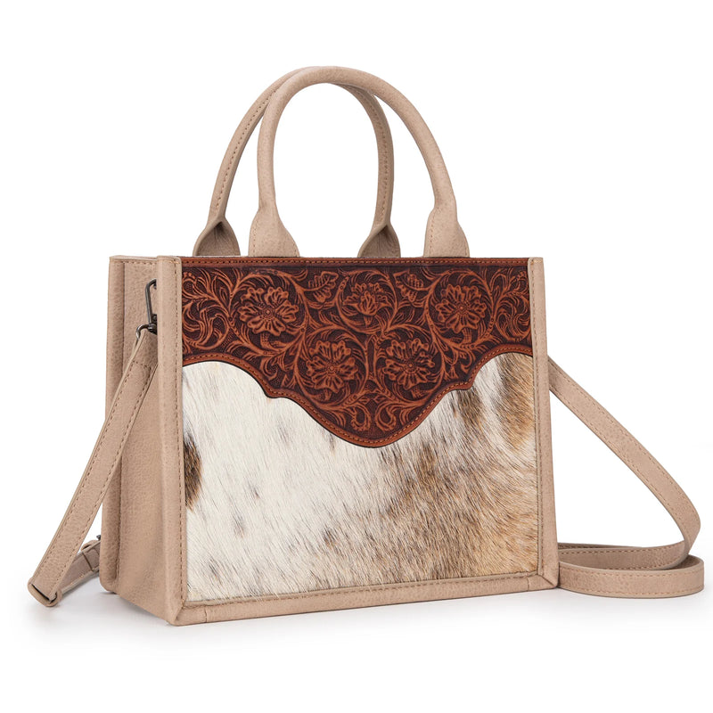 Load image into Gallery viewer, TR178G-8899TN - Trinity Ranch Hair On Cowhide Floral Tooled Concealed Carry Tote/Crossbody -Tan
