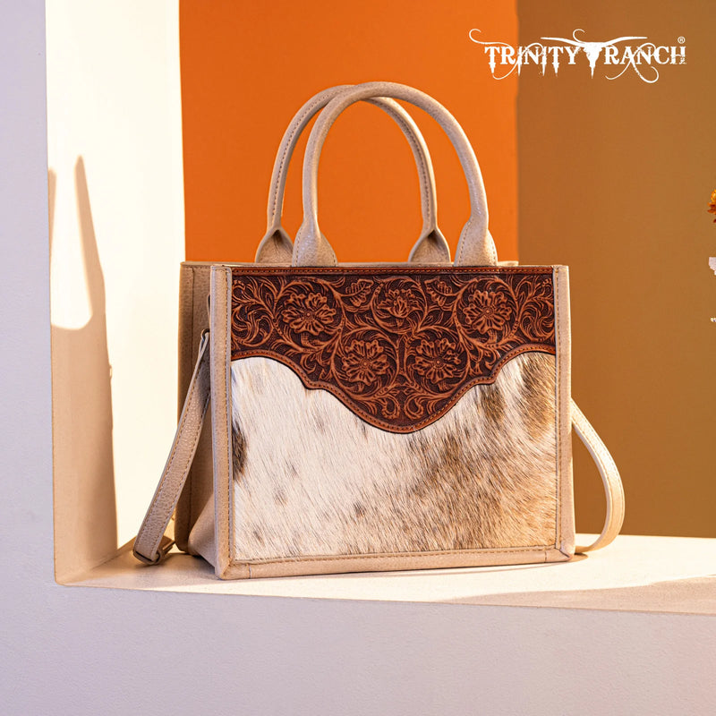 Load image into Gallery viewer, TR178G-8899TN - Trinity Ranch Hair On Cowhide Floral Tooled Concealed Carry Tote/Crossbody -Tan
