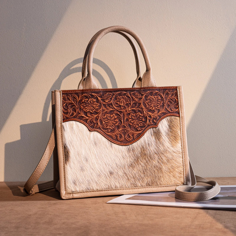 Load image into Gallery viewer, TR178G-8899TN - Trinity Ranch Hair On Cowhide Floral Tooled Concealed Carry Tote/Crossbody -Tan
