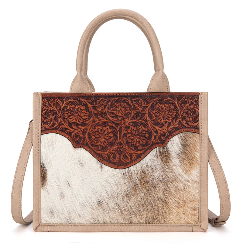 Load image into Gallery viewer, TR178G-8899TN - Trinity Ranch Hair On Cowhide Floral Tooled Concealed Carry Tote/Crossbody -Tan
