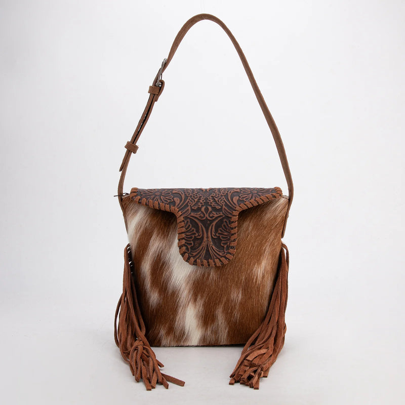 Load image into Gallery viewer, TR182-9181BR - Trinity Ranch Genuine Hair-On Cowhide Tooled Fringe Shoulder Bag - Brown
