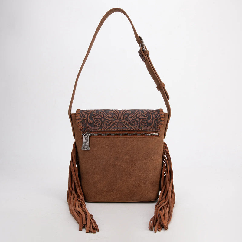 Load image into Gallery viewer, TR182-9181BR - Trinity Ranch Genuine Hair-On Cowhide Tooled Fringe Shoulder Bag - Brown
