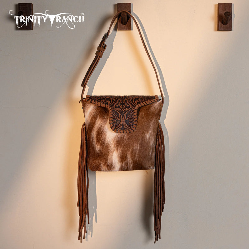 Load image into Gallery viewer, TR182-9181BR - Trinity Ranch Genuine Hair-On Cowhide Tooled Fringe Shoulder Bag - Brown
