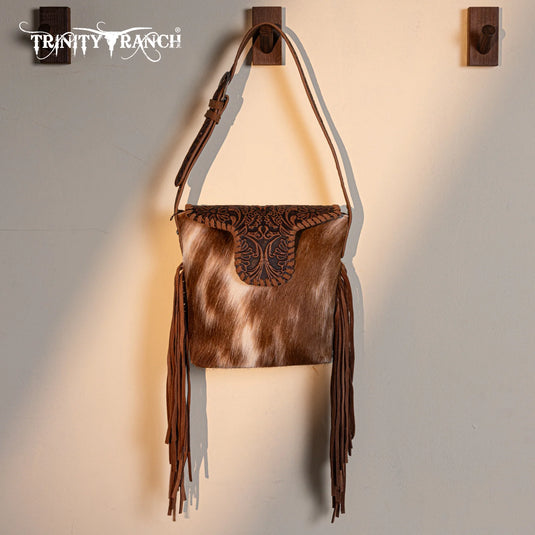 TR182-9181BR - Trinity Ranch Genuine Hair-On Cowhide Tooled Fringe Shoulder Bag - Brown