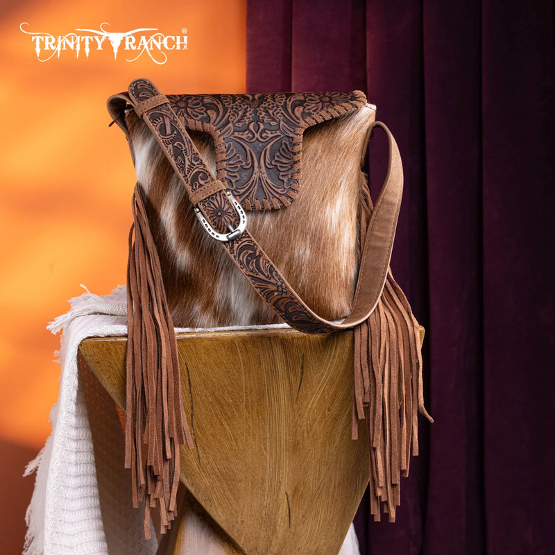 Load image into Gallery viewer, TR182-9181BR - Trinity Ranch Genuine Hair-On Cowhide Tooled Fringe Shoulder Bag - Brown
