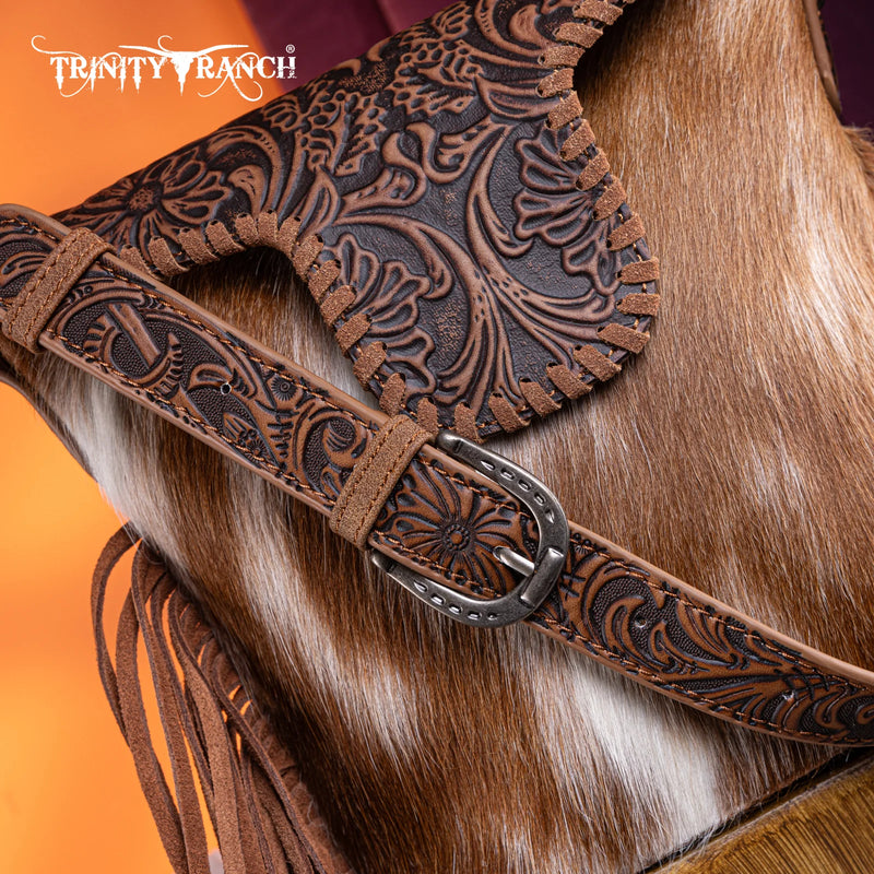 Load image into Gallery viewer, TR182-9181BR - Trinity Ranch Genuine Hair-On Cowhide Tooled Fringe Shoulder Bag - Brown
