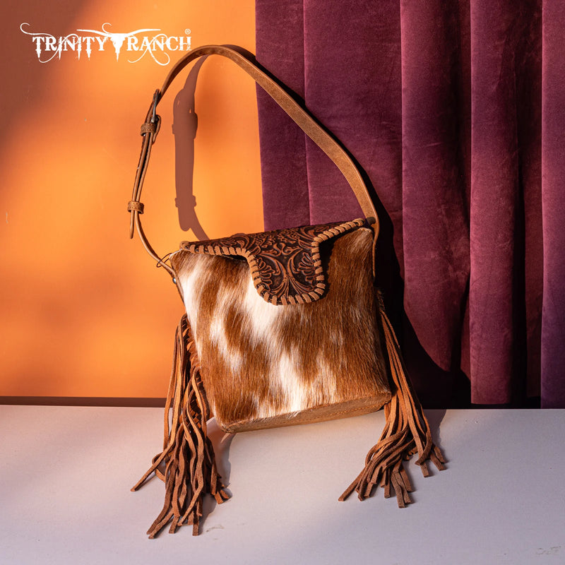 Load image into Gallery viewer, TR182-9181BR - Trinity Ranch Genuine Hair-On Cowhide Tooled Fringe Shoulder Bag - Brown
