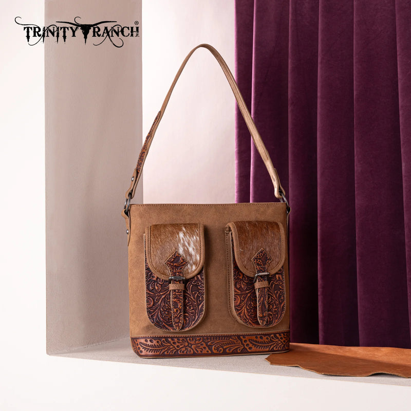 Load image into Gallery viewer, TR185G-918BR - Trinity Ranch Genuine Hair-On Cowhide Tooled Concealed Carry Hobo Bag- Brown
