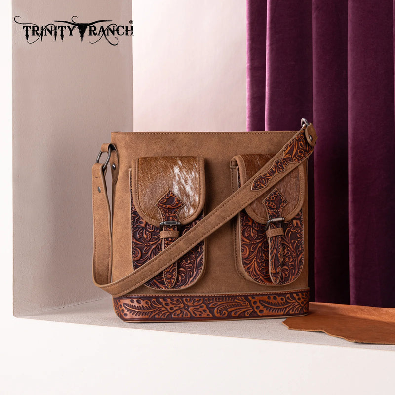 Load image into Gallery viewer, TR185G-918BR - Trinity Ranch Genuine Hair-On Cowhide Tooled Concealed Carry Hobo Bag- Brown
