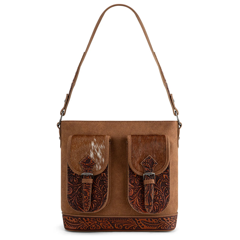 Load image into Gallery viewer, TR185G-918BR - Trinity Ranch Genuine Hair-On Cowhide Tooled Concealed Carry Hobo Bag- Brown
