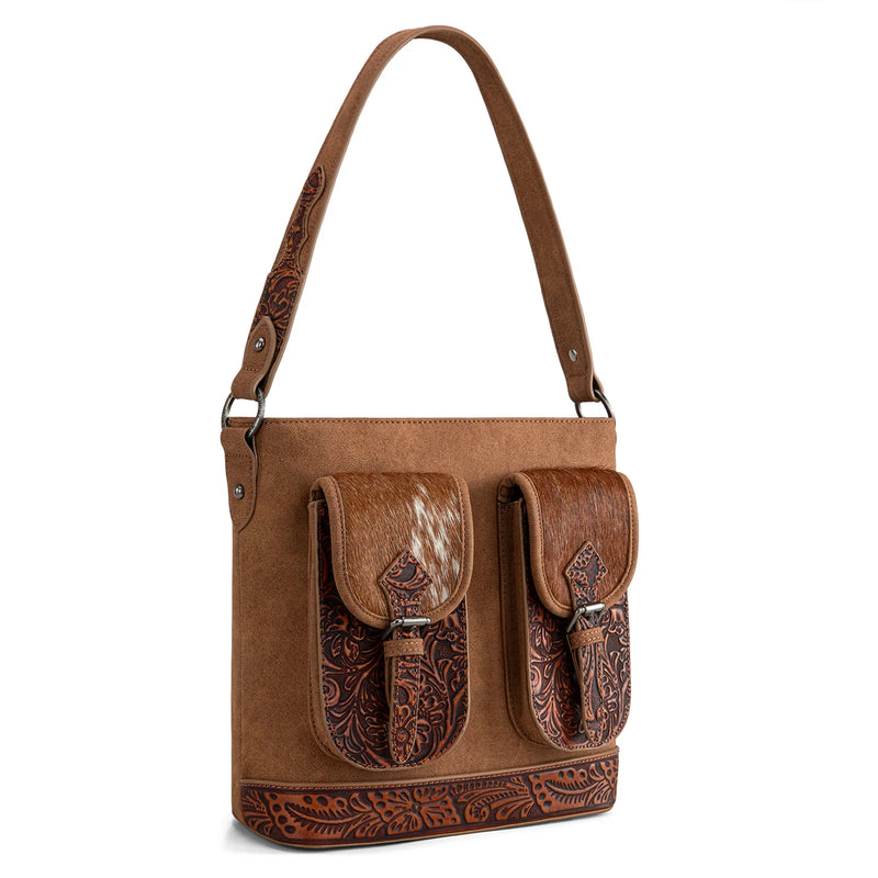 Load image into Gallery viewer, TR185G-918BR - Trinity Ranch Genuine Hair-On Cowhide Tooled Concealed Carry Hobo Bag- Brown
