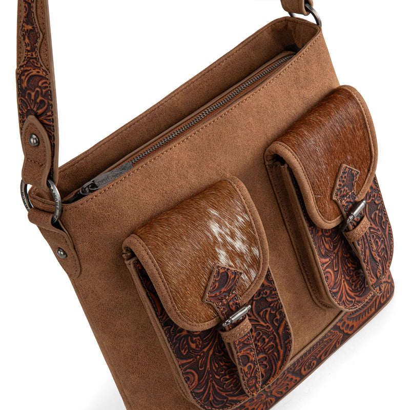 Load image into Gallery viewer, TR185G-918BR - Trinity Ranch Genuine Hair-On Cowhide Tooled Concealed Carry Hobo Bag- Brown
