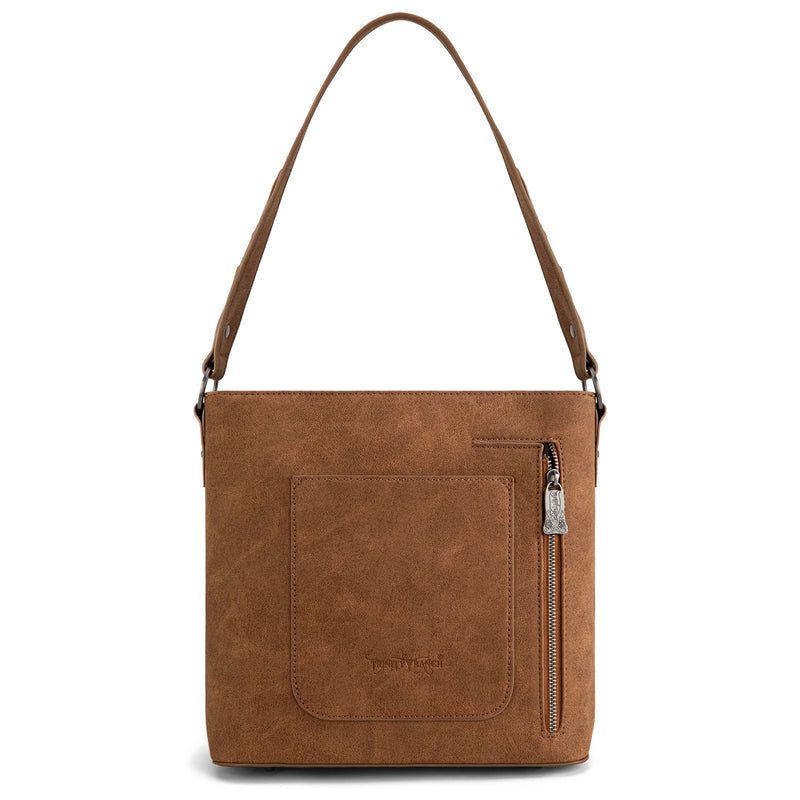 Load image into Gallery viewer, TR185G-918BR - Trinity Ranch Genuine Hair-On Cowhide Tooled Concealed Carry Hobo Bag- Brown
