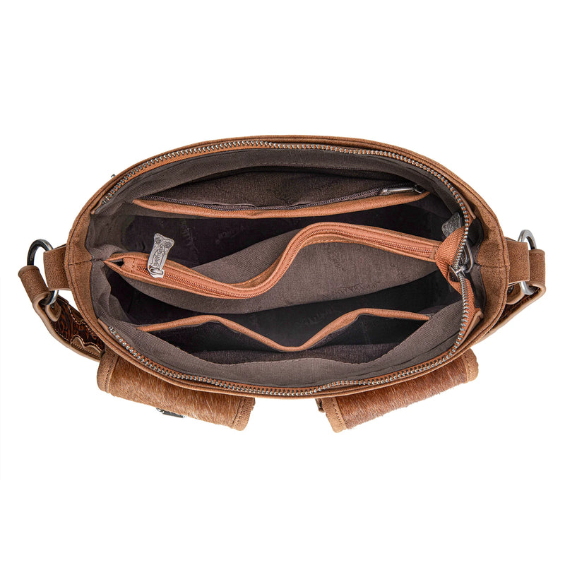 Load image into Gallery viewer, TR185G-918BR - Trinity Ranch Genuine Hair-On Cowhide Tooled Concealed Carry Hobo Bag- Brown
