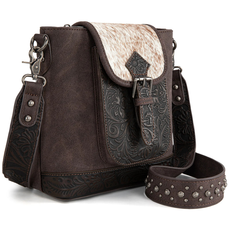 Load image into Gallery viewer, TR185G-9360CF - Trinity Ranch Genuine Hair-On Cowhide Tooled Concealed Carry Crossbody Bag- Coffee
