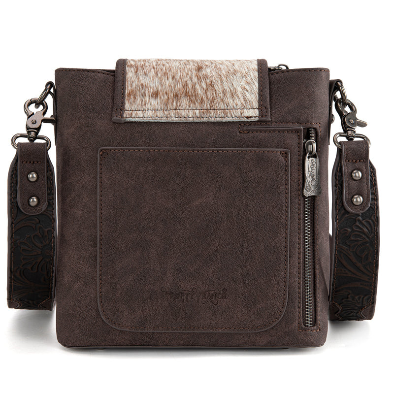 Load image into Gallery viewer, TR185G-9360CF - Trinity Ranch Genuine Hair-On Cowhide Tooled Concealed Carry Crossbody Bag- Coffee
