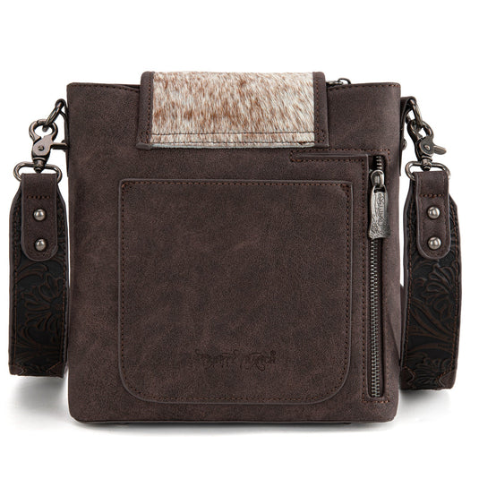 TR185G-9360CF - Trinity Ranch Genuine Hair-On Cowhide Tooled Concealed Carry Crossbody Bag- Coffee