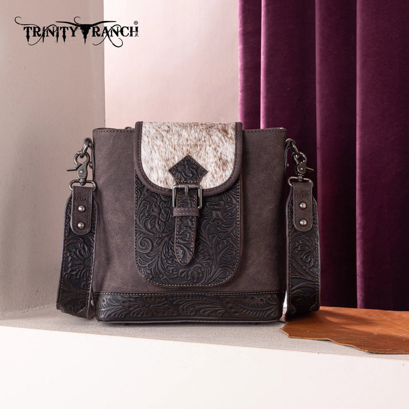 Load image into Gallery viewer, TR185G-9360CF - Trinity Ranch Genuine Hair-On Cowhide Tooled Concealed Carry Crossbody Bag- Coffee
