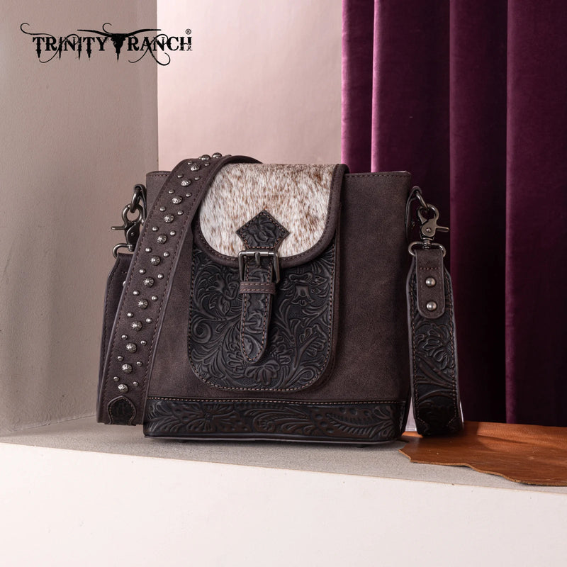 Load image into Gallery viewer, TR185G-9360CF - Trinity Ranch Genuine Hair-On Cowhide Tooled Concealed Carry Crossbody Bag- Coffee
