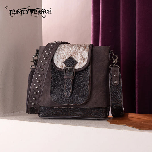 TR185G-9360CF - Trinity Ranch Genuine Hair-On Cowhide Tooled Concealed Carry Crossbody Bag- Coffee