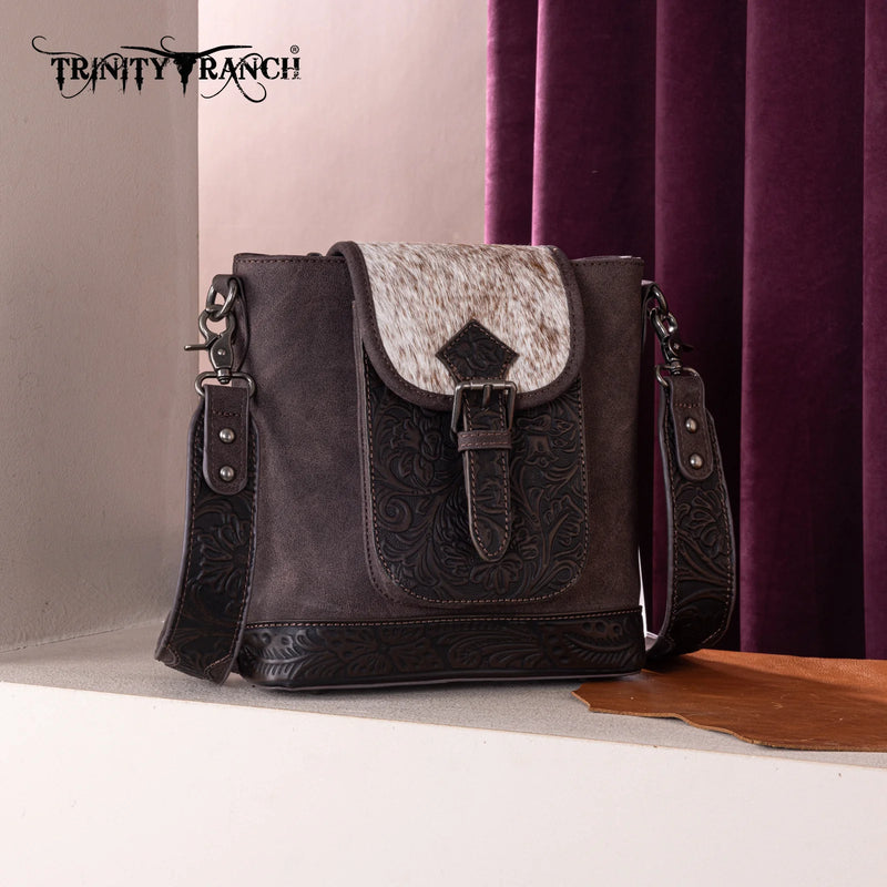 Load image into Gallery viewer, TR185G-9360CF - Trinity Ranch Genuine Hair-On Cowhide Tooled Concealed Carry Crossbody Bag- Coffee
