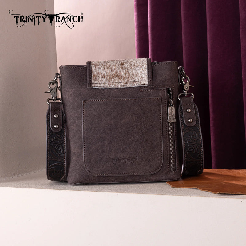 Load image into Gallery viewer, TR185G-9360CF - Trinity Ranch Genuine Hair-On Cowhide Tooled Concealed Carry Crossbody Bag- Coffee
