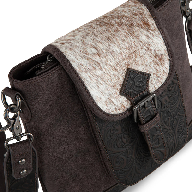 Load image into Gallery viewer, TR185G-9360CF - Trinity Ranch Genuine Hair-On Cowhide Tooled Concealed Carry Crossbody Bag- Coffee
