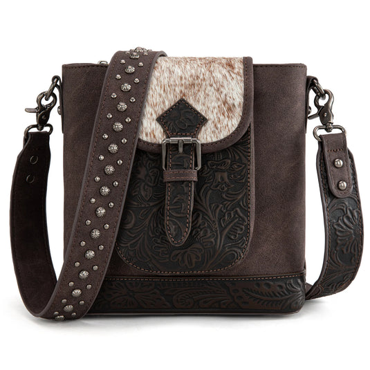 TR185G-9360CF - Trinity Ranch Genuine Hair-On Cowhide Tooled Concealed Carry Crossbody Bag- Coffee