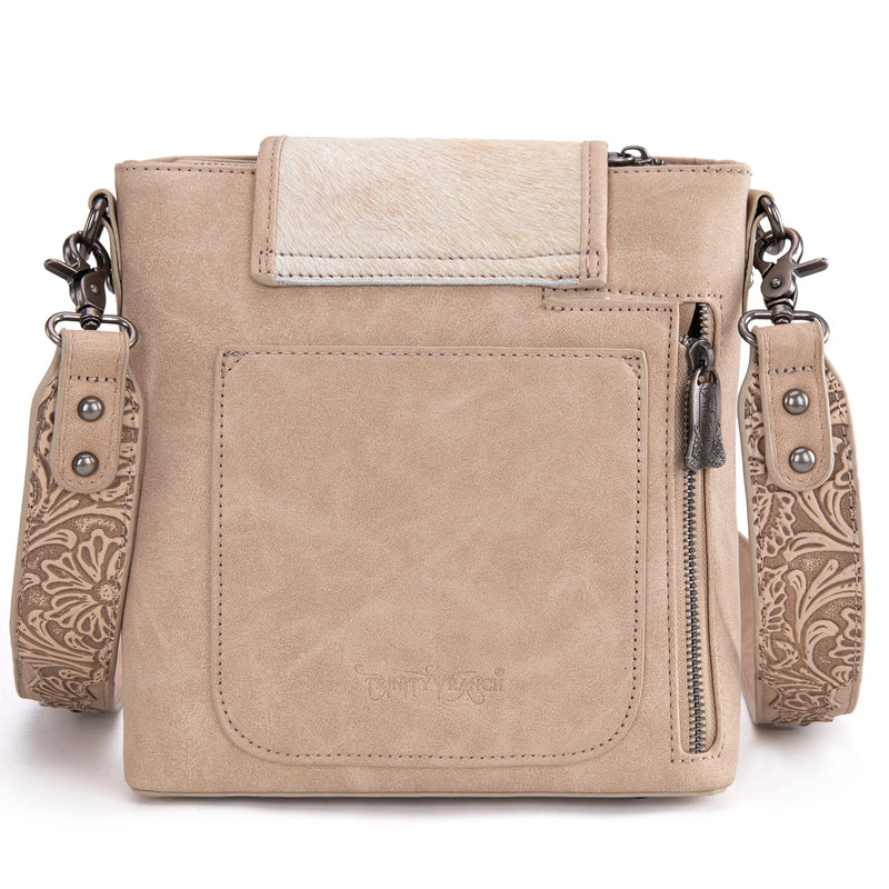 Load image into Gallery viewer, TR185G-9360TN - Trinity Ranch Genuine Hair-On Cowhide Tooled Concealed Carry Crossbody Bag- Tan
