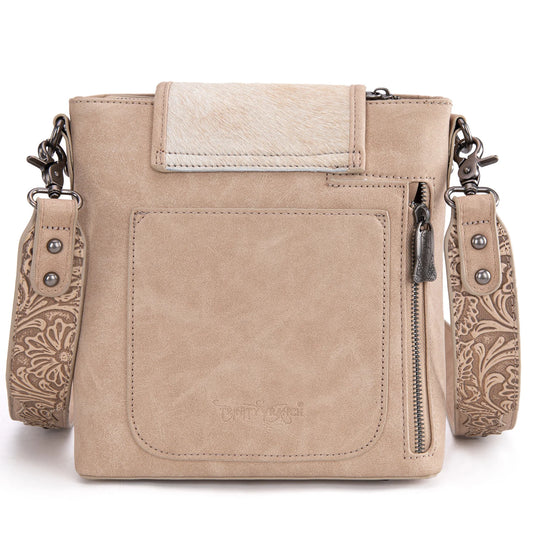 TR185G-9360TN - Trinity Ranch Genuine Hair-On Cowhide Tooled Concealed Carry Crossbody Bag- Tan