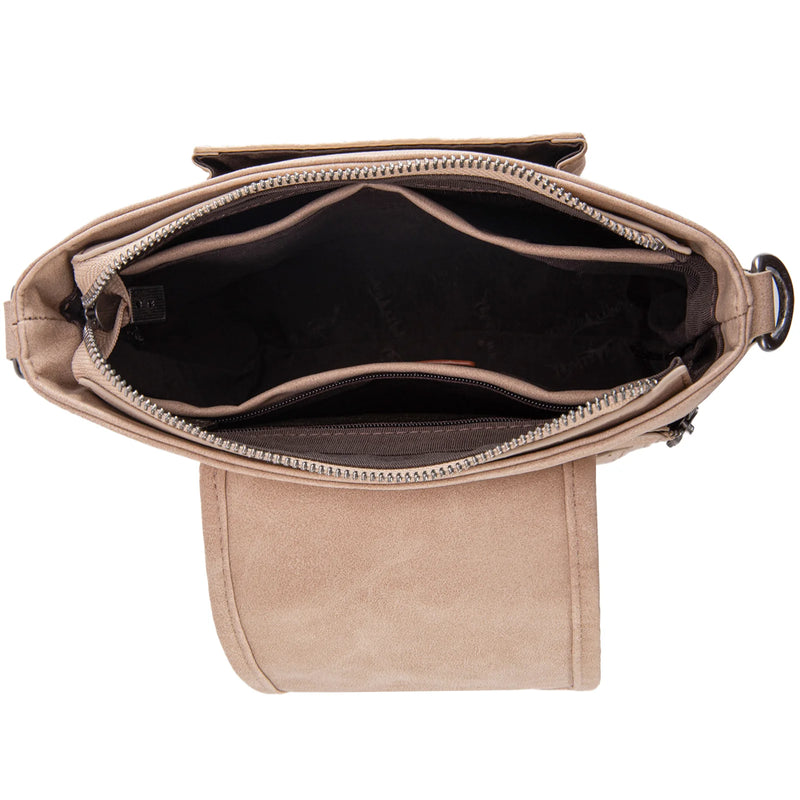 Load image into Gallery viewer, TR185G-9360TN - Trinity Ranch Genuine Hair-On Cowhide Tooled Concealed Carry Crossbody Bag- Tan
