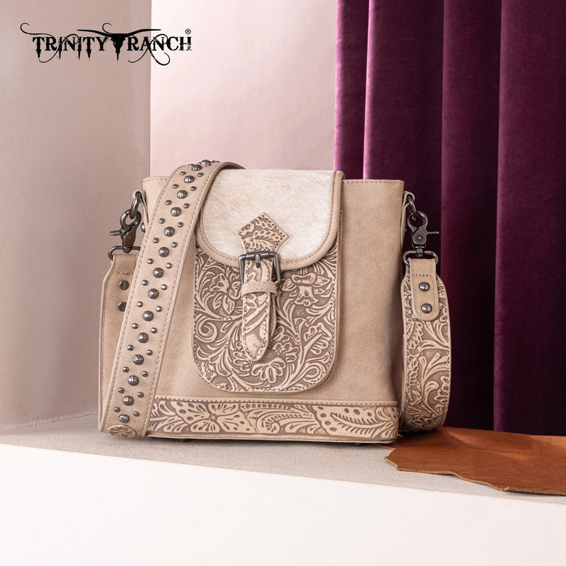 Load image into Gallery viewer, TR185G-9360TN - Trinity Ranch Genuine Hair-On Cowhide Tooled Concealed Carry Crossbody Bag- Tan
