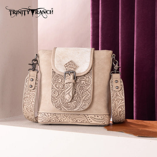 TR185G-9360TN - Trinity Ranch Genuine Hair-On Cowhide Tooled Concealed Carry Crossbody Bag- Tan